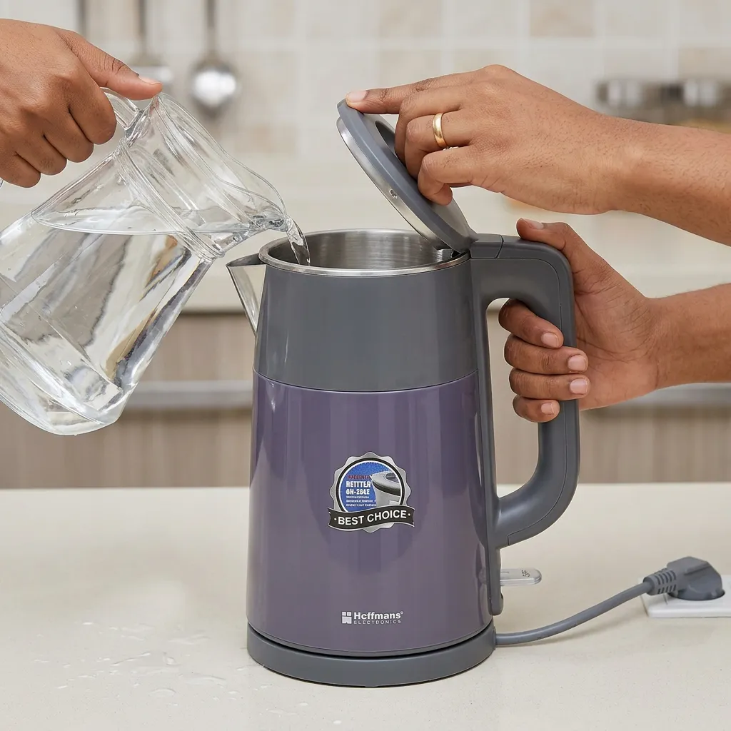 Un utilisateur remplissant la bouilloire d'eau, prêt à l'allumer.